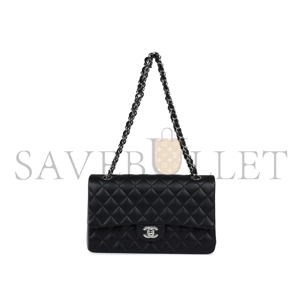 CHANEL MASTER MEDIUM CLASSIC DOUBLE FLAP BLACK LAMBSKIN SILVER HARDWARE A01112  (25.5*15.5*6.5cm)